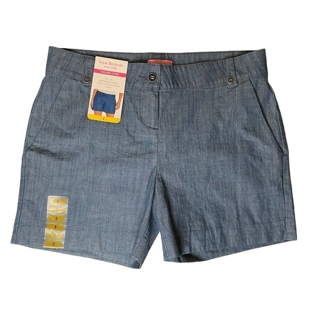 ISAAC MIZRAHI NEW Blue Tailored Shorts Chambray Denim Cotton Womenโs Size 8